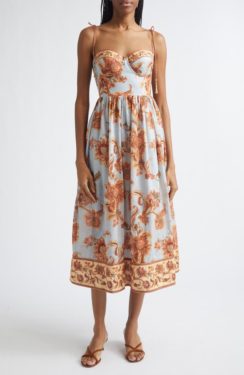Zimmermann Aster Border Print Corset Midi Sundress, Main, color, Blue Jacobean