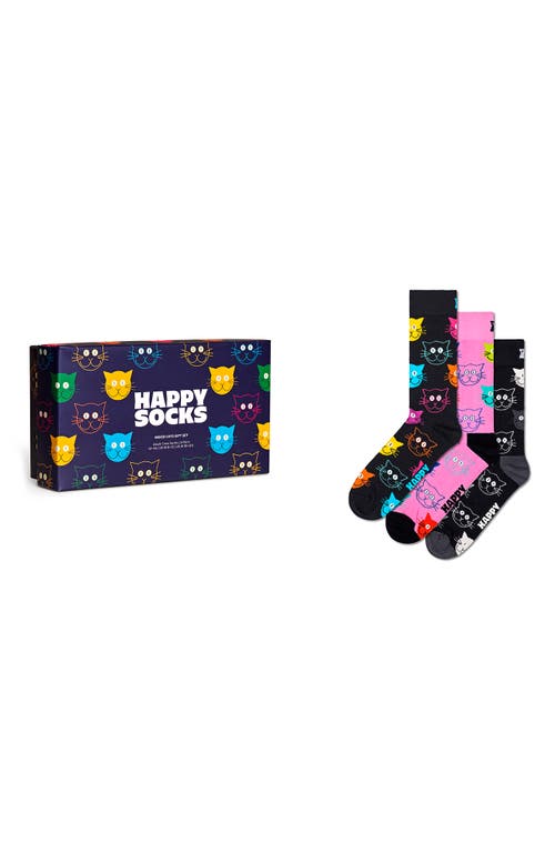 Happy Socks Mixed Cat 3-pack Assorted Crew Socks Gift Set In Navy