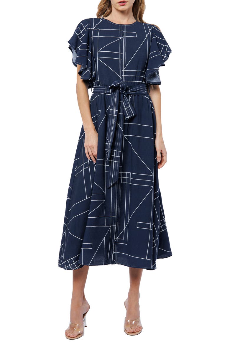 Anastasia Geo Print Flutter Sleeve Dress, Main, color, NAVY/ WHITE