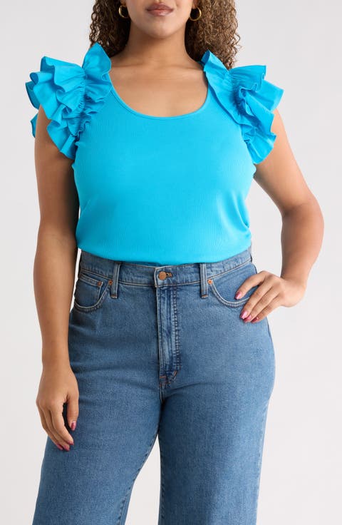Ruffled Short Sleeve Mixed Media Top (Plus)