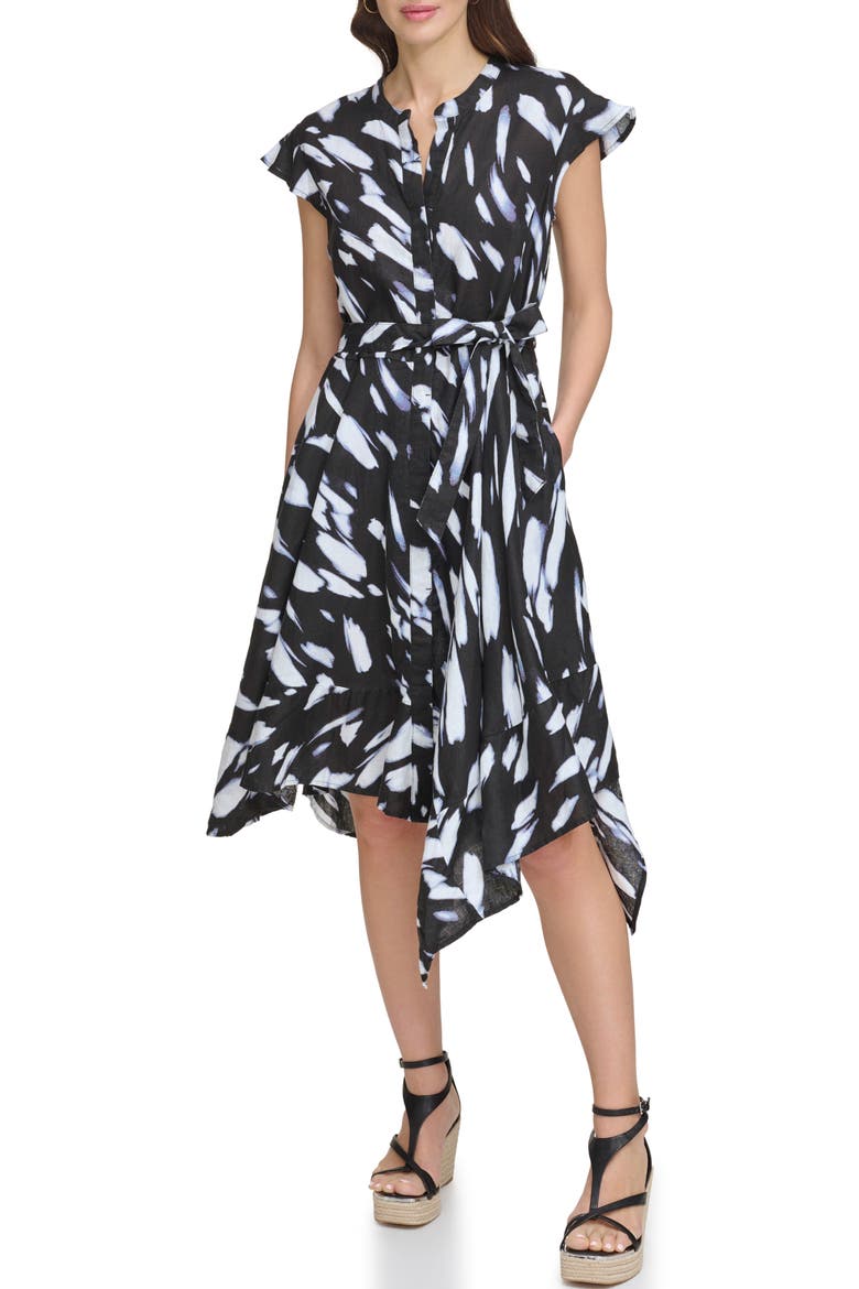 Print Cap Sleeve Linen Shirtdress, Main, color, BLACK/ WAVE BLUE MULTI