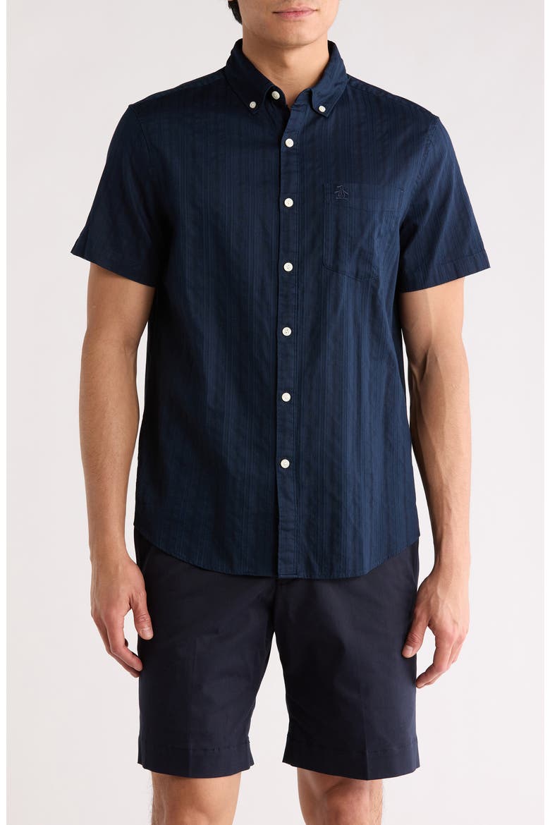 Tonal Stripe Short Sleeve Dobby Button-Up Shirt, Main, color, DARK SAPPHIRE