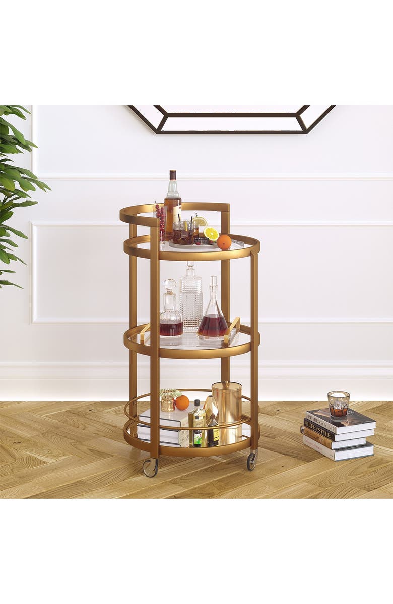 ADDISON AND LANE Hause Round Brass Finish Bar Cart with Mirrored Shelf, Alternate, color,