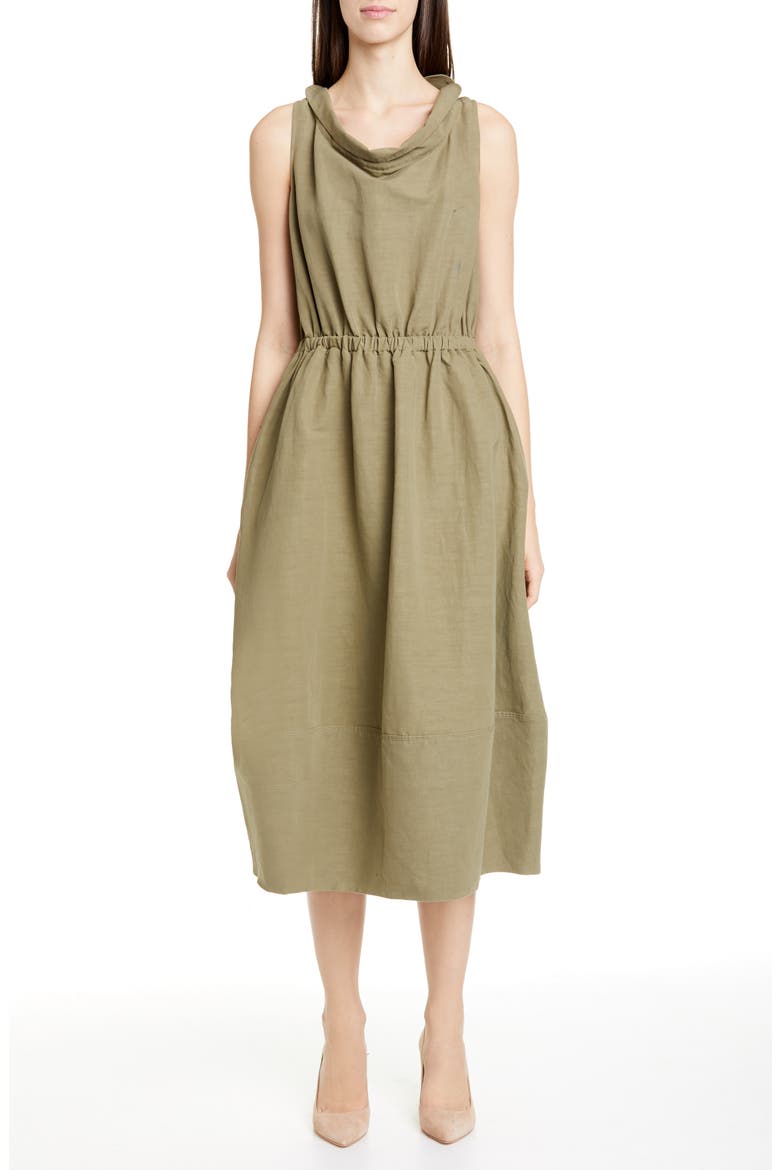 Cinched Cowl Neck Cotton & Linen Blend Midi Dress, Main, color, OLIVE