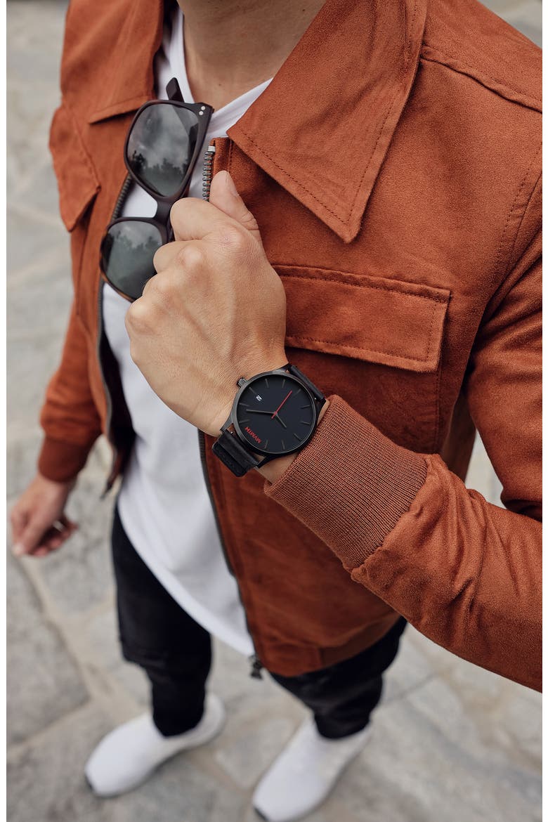 MVMT Classic Leather Strap Watch, 45mm, Alternate, color, BLACK