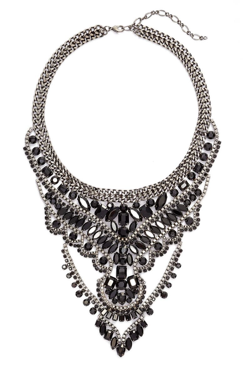 Multistrand Crystal Bib Necklace, Main, color, JET/ HEMATITE