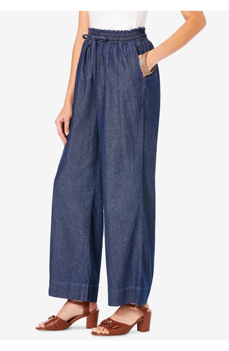 Roaman's Plus Size Pull On Wide Leg Chambray Pant, Alternate, color, Medium Wash