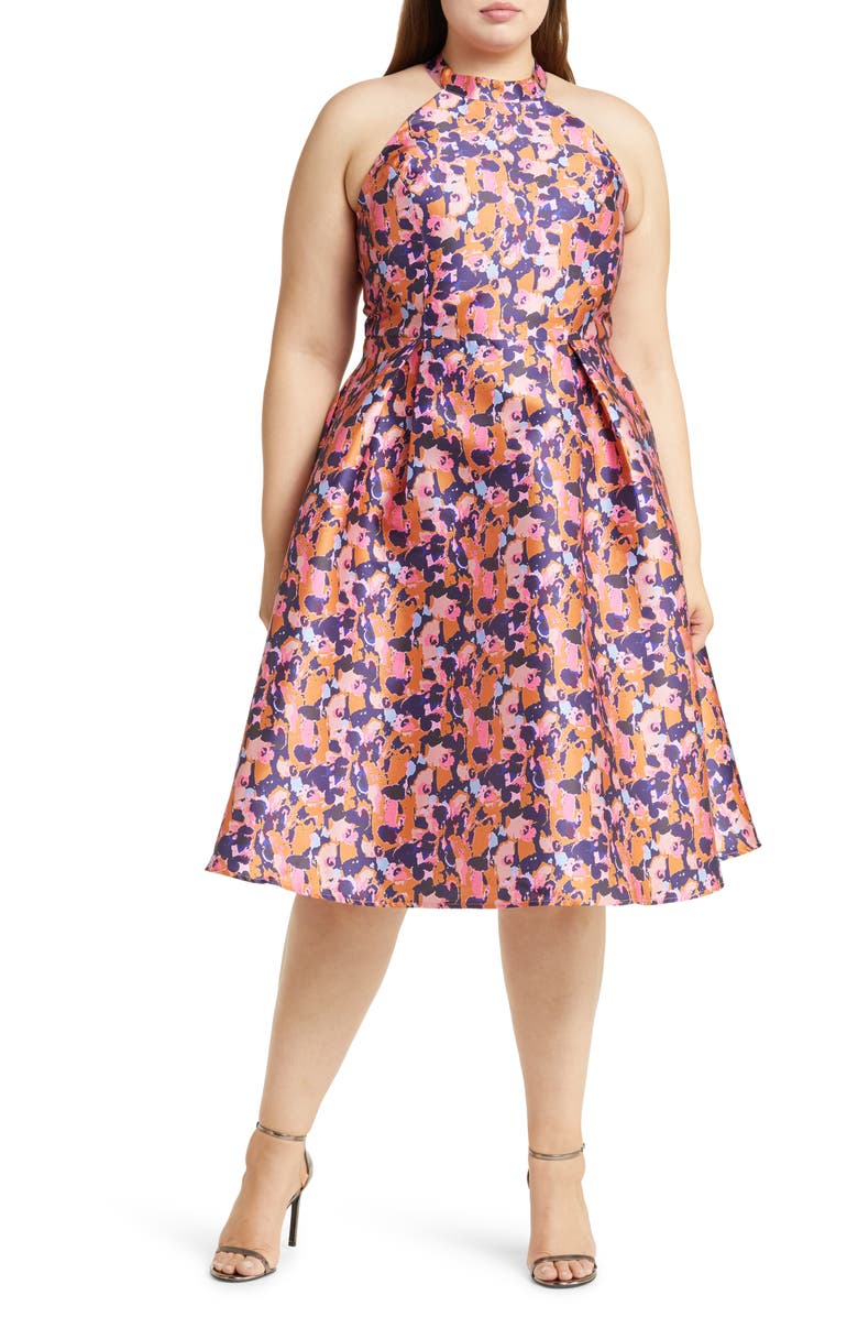 Chi Chi London Abstract Floral High Halter Neck Midi Dress, Main, color, 