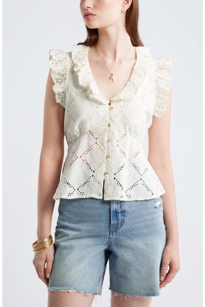 Open Cutwork Ruffle Trim Button-Up Top, Main, color, IVORY EGRET