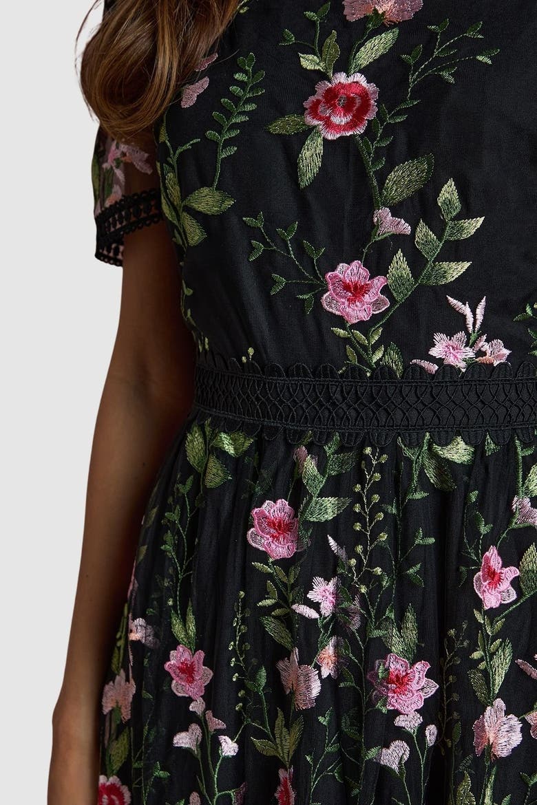 Lace Trim Embroidered Mesh Midi Dress, Alternate, color, Black