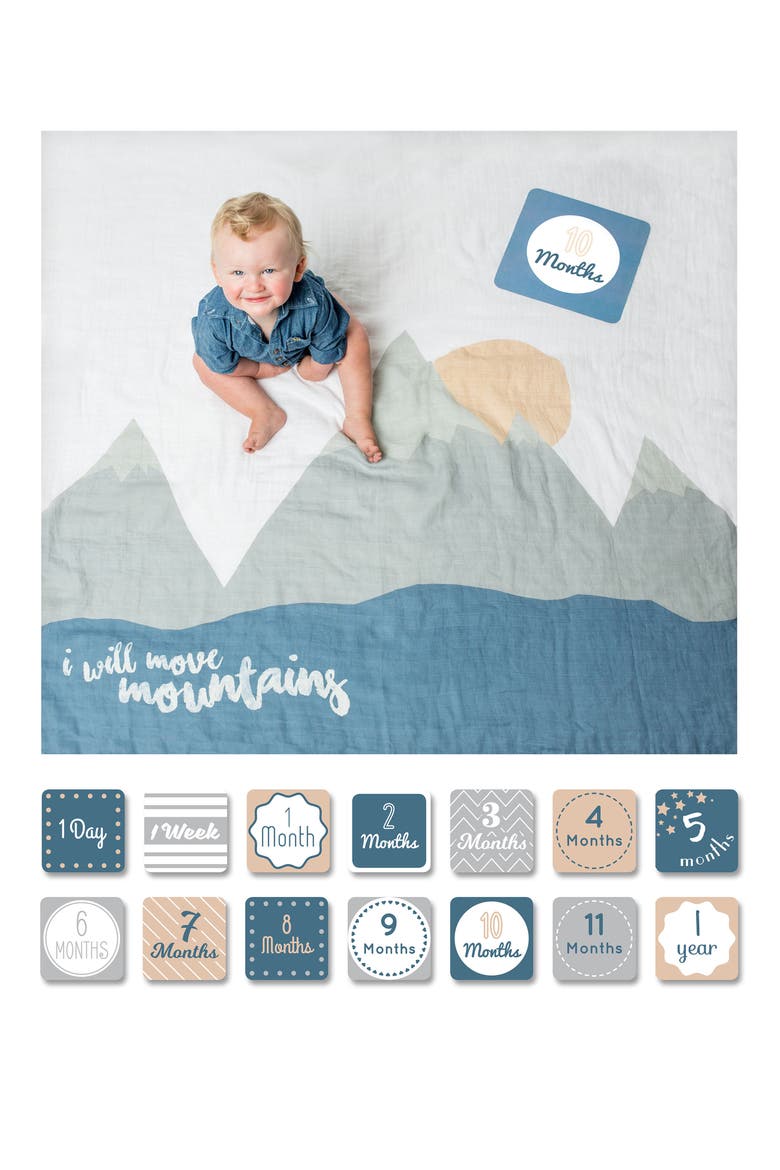 Baby's First Year - I Will Move Mountains Muslin Blanket & Milestone Card Set, Alternate, color, BLUE