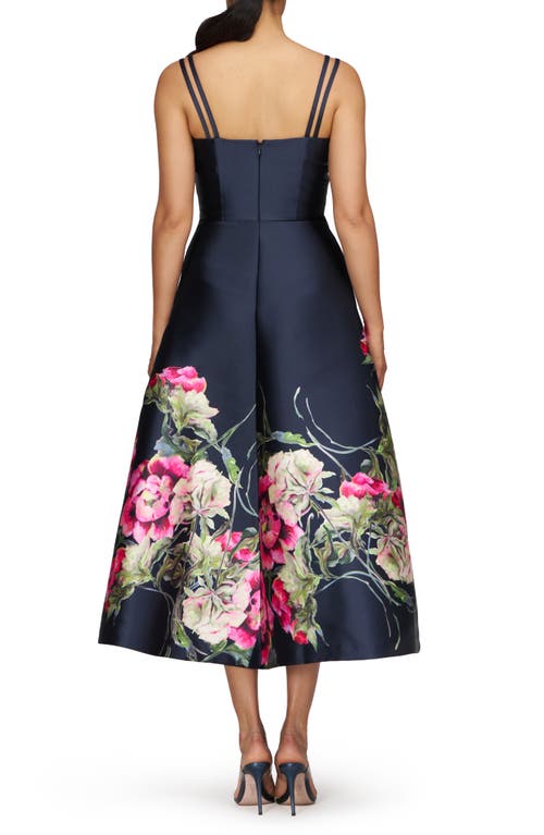 Kay Unger Margot Placed Floral A-line Cocktail Dress In Midnight Blue