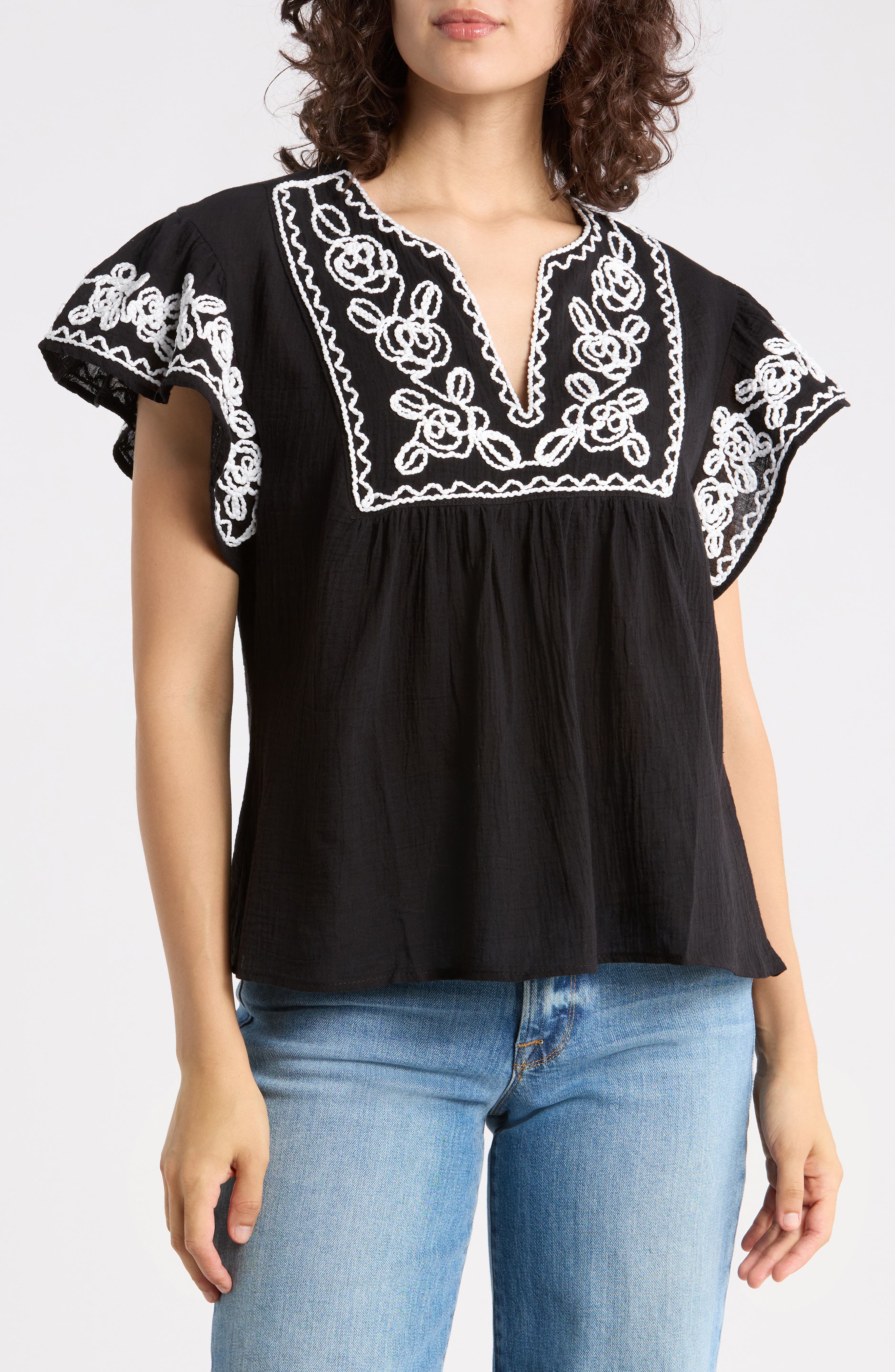Soutache Trim Top with Flutter Sleeves