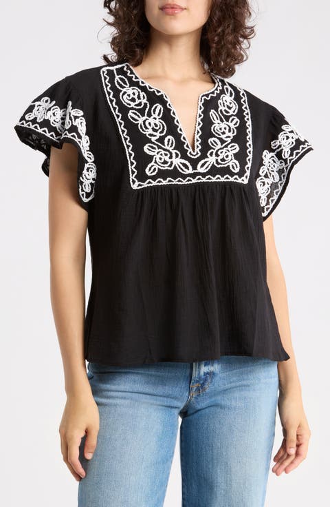 Soutache Trim Top with Flutter Sleeves