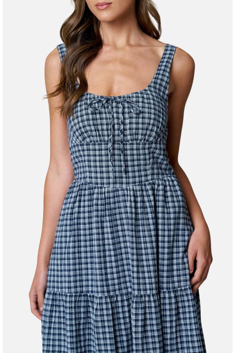 Plaid Sleeveless Tiered Midi Dress, Alternate, color, NAVY