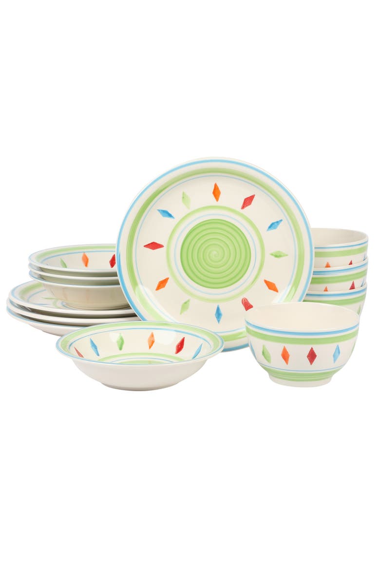 Heidy 12 Piece Hand Painted Durastone Dinnerware Set, Main, color, White