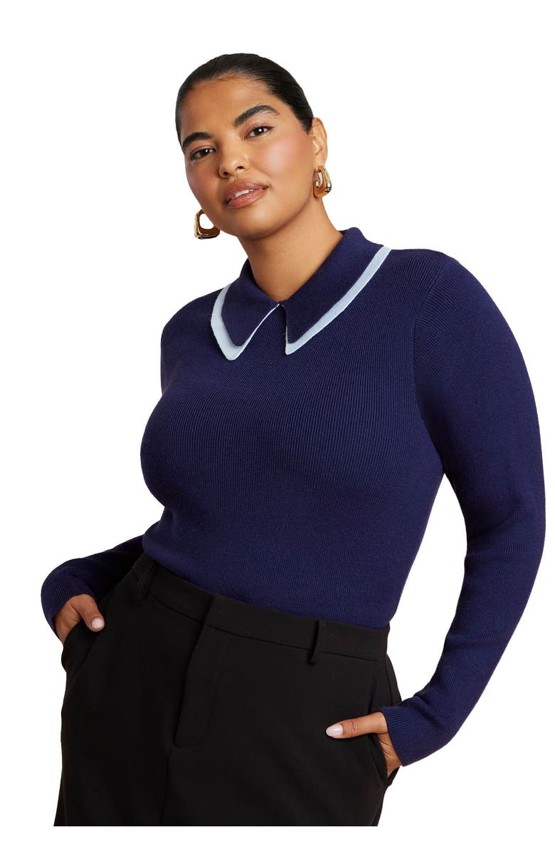 ELOQUII Double Collared Sweater, Main, color, Maritime Blue