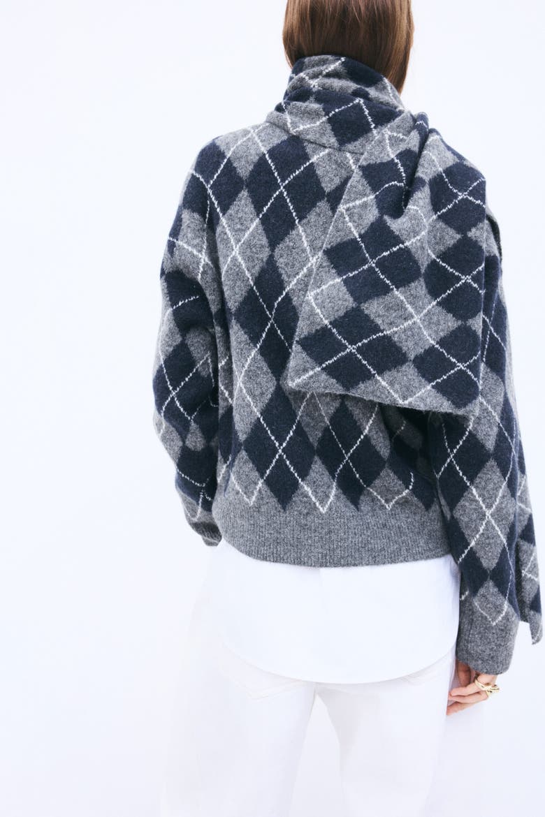 Scarf-Detail Sweater, Alternate, color, Dark gray/argyle