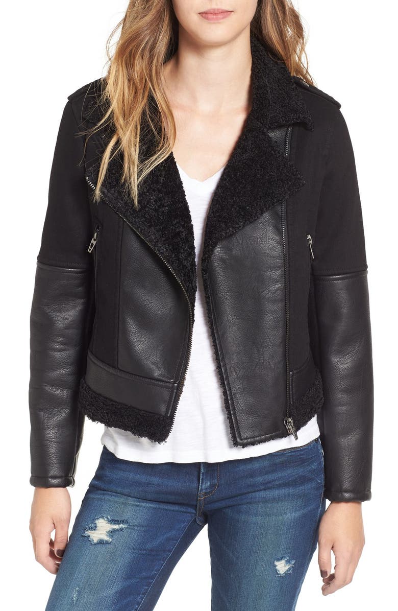 BLANKNYC Faux Leather & Denim Moto Jacket with Faux Shearling Lining, Main, color, 
