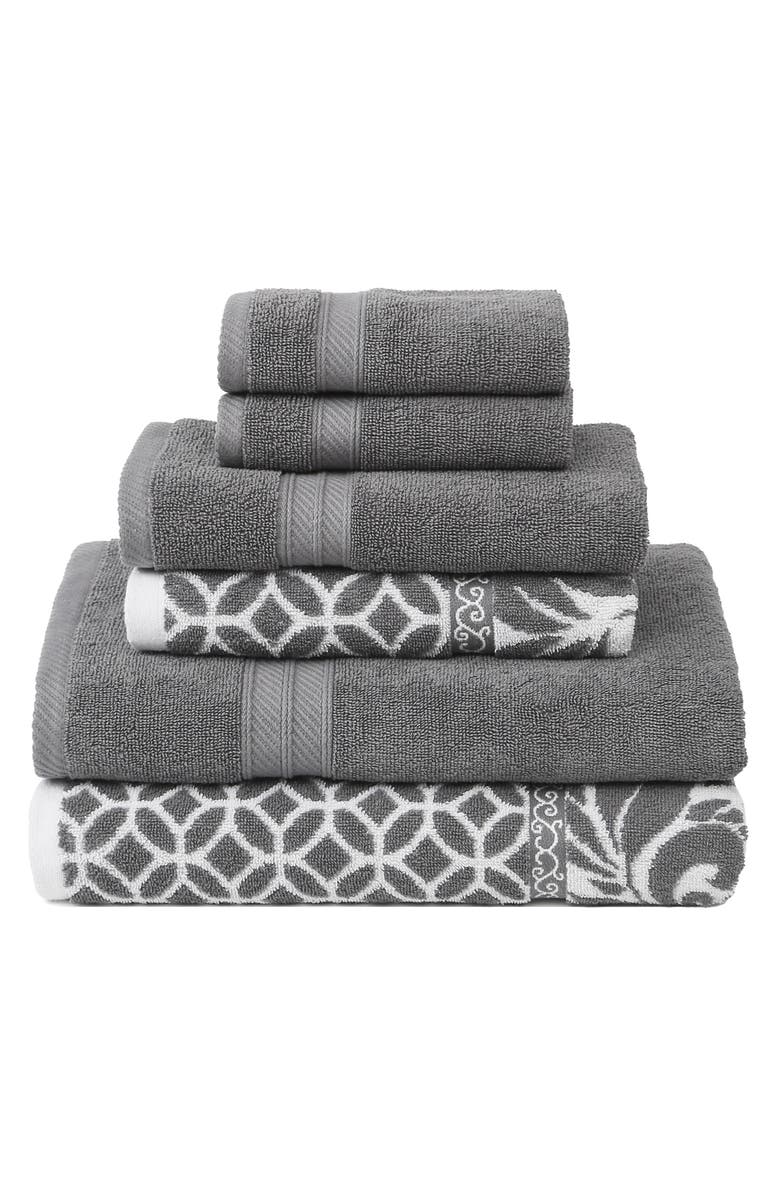 Modern Threads Trefoil Filigree Reversible Yarn-Dyed Jacquard 6-Piece Towel Set, Main, color, 