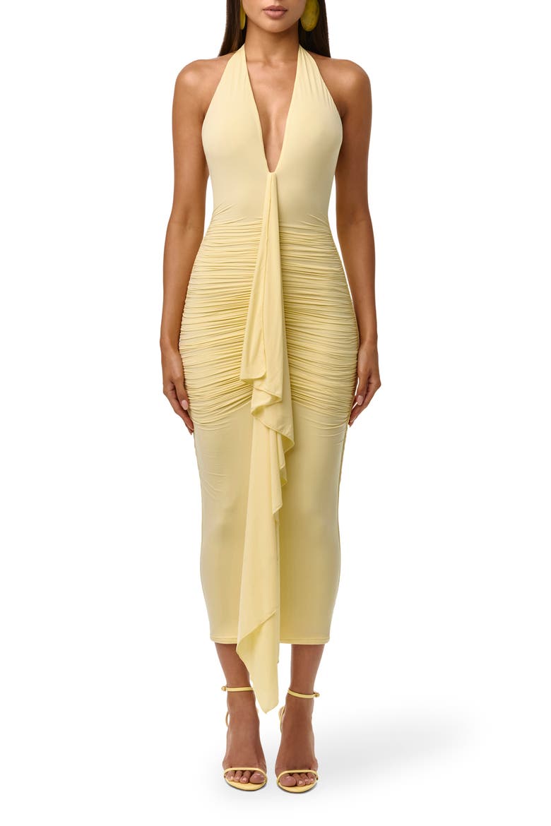 low plunge midi dress Plunge Neck Wrap Waist Detail Side Split Midi Dress In Brown | EGO US