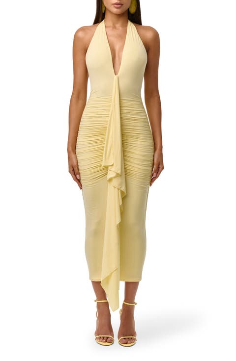 Plunge Halter Neck Center Ruched Body-Con Midi Dress