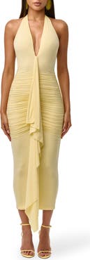 Naked Wardrobe Plunge Halter Neck Center Ruched Body-Con Midi Dress