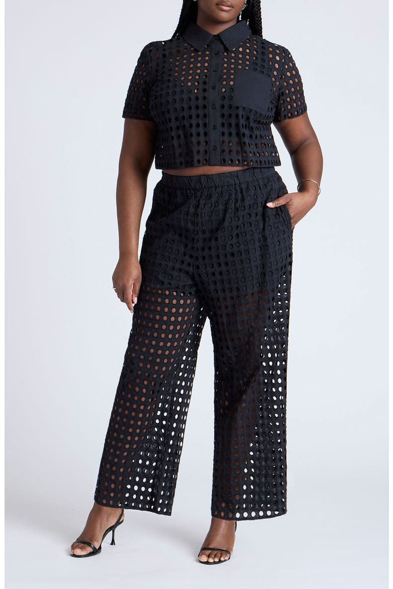 Eyelet Crop Shirt, Alternate, color, BLACK