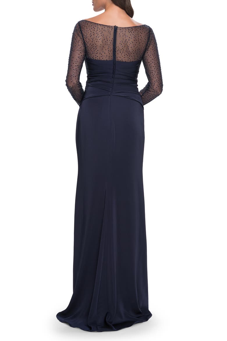 Sleek Long Evening Dress with Ruching and Illusion Top, Alternate, color, Navy