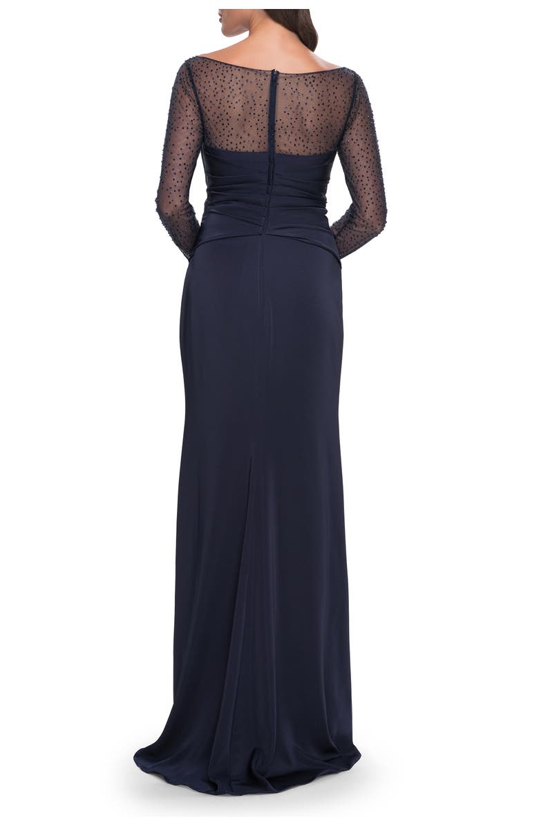 La Femme Sleek Long Evening Dress with Ruching and Illusion Top, Alternate, color, Navy