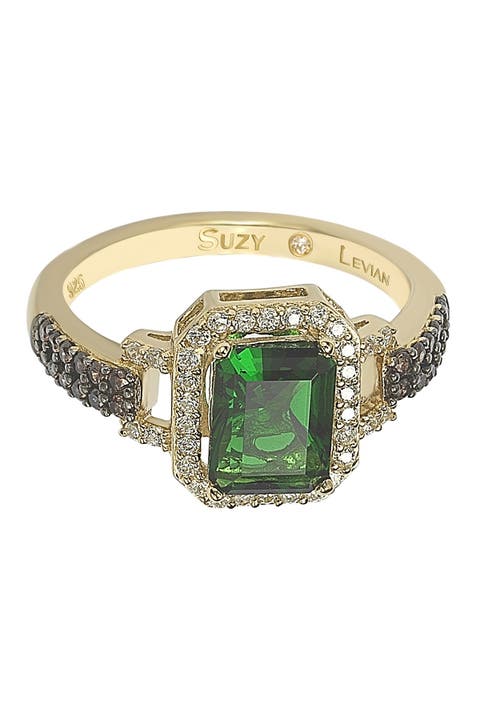 Yellow-Tone Sterling Silver Prong Set Emerald Cut & Pave CZ Ring