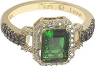 SUZY LEVIAN Yellow-Tone Sterling Silver Prong Set Emerald Cut & Pave CZ Ring