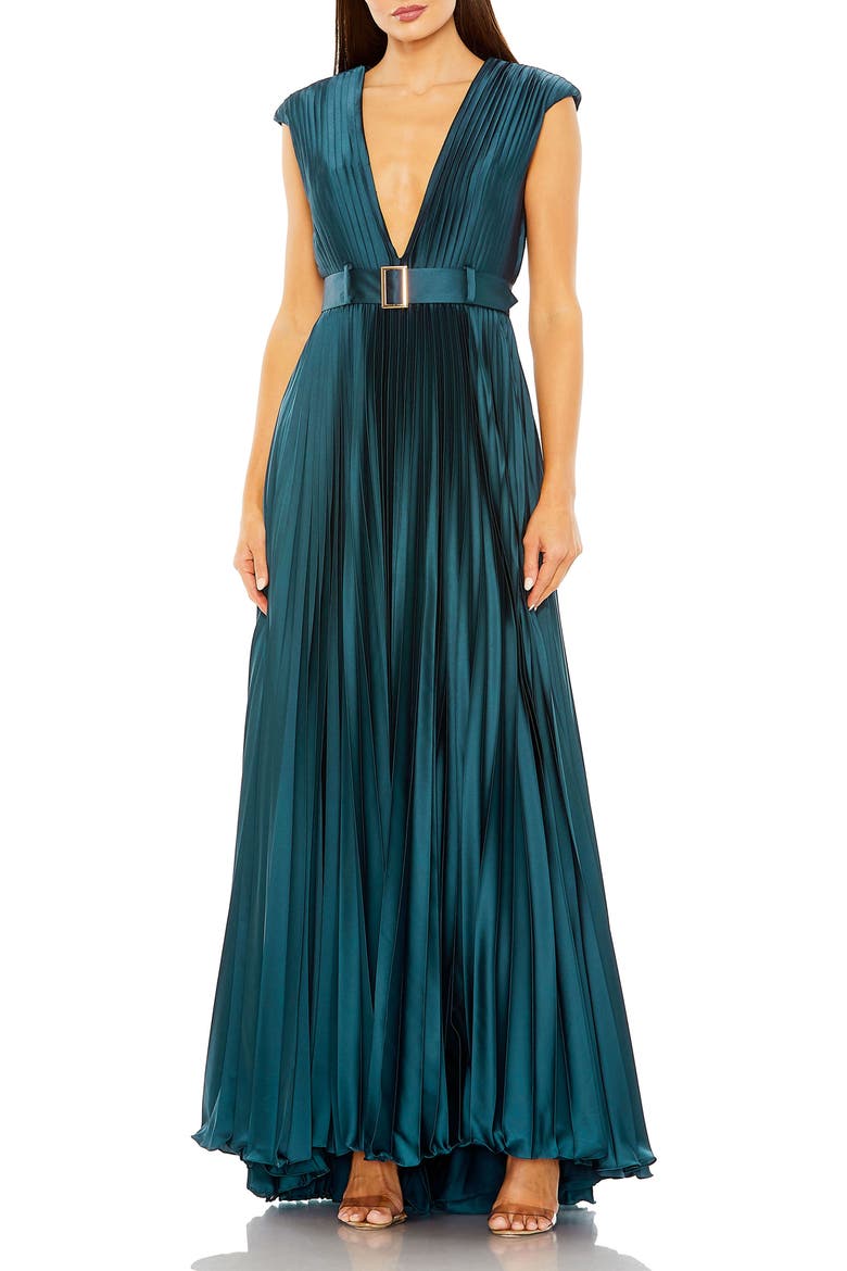 Pleated Plunge Neck Belted A Line Gown, Main, color, Midnight