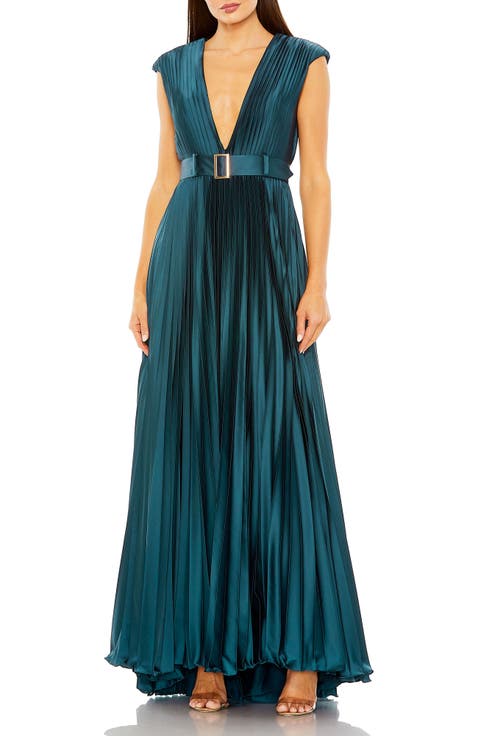 Pleated Plunge Neck Belted A Line Gown