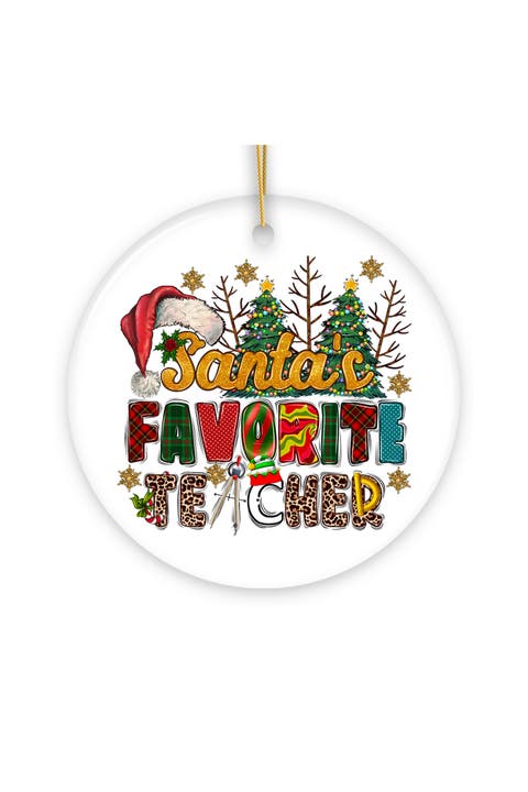Santas Favorite Teacher Holiday Round Ceramic Ornament