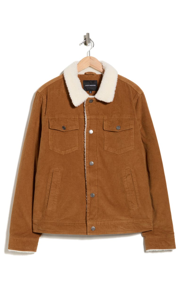 Lucky Brand Faux Shearling Lined Corduroy Trucker Jacket, Alternate, color, Honey