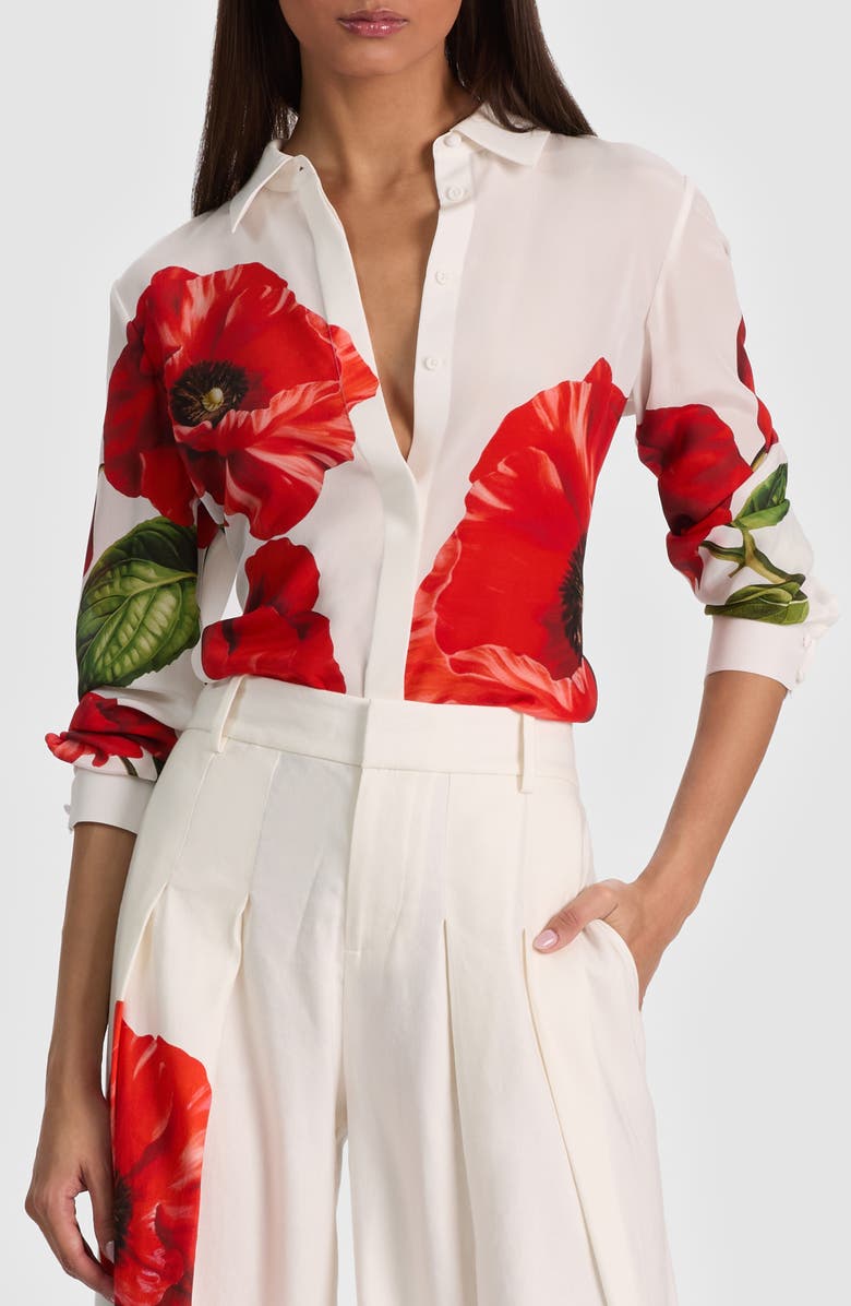 Alice + Olivia Willa Floral Print Silk Button-Up Shirt, Main, color, Summer Poppy