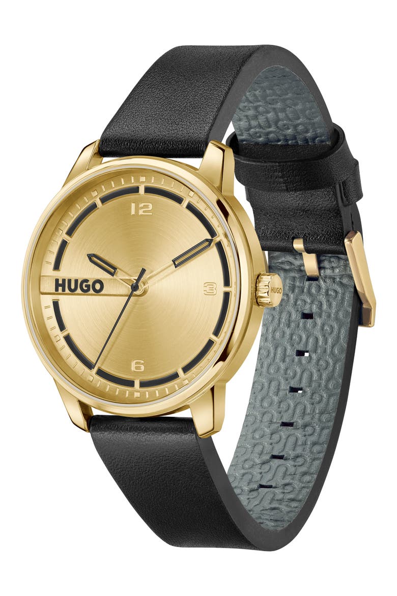 Stamp Leather Strap Watch, 42mm, Alternate, color, GOLD