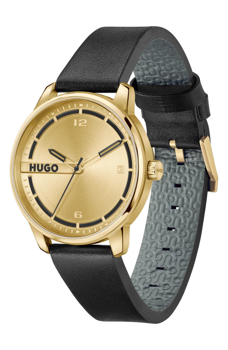 BOSS Stamp Leather Strap Watch, 42mm, Alternate, color, Gold