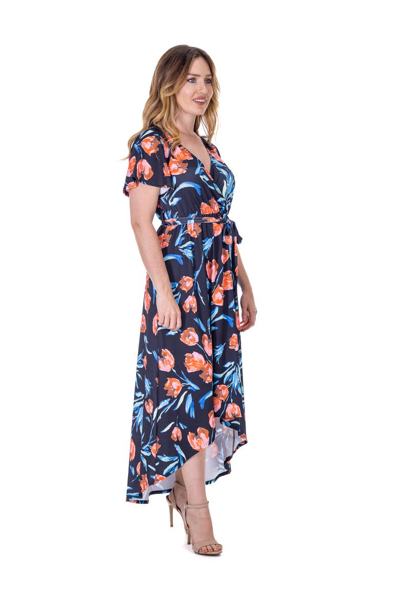 Floral V-Neck Belted High Low Faux Wrap Dress, Alternate, color, Navy Multi