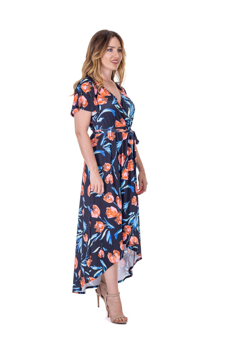 24seven Comfort Apparel Floral V-Neck Belted High Low Faux Wrap Dress, Alternate, color, Navy Multi