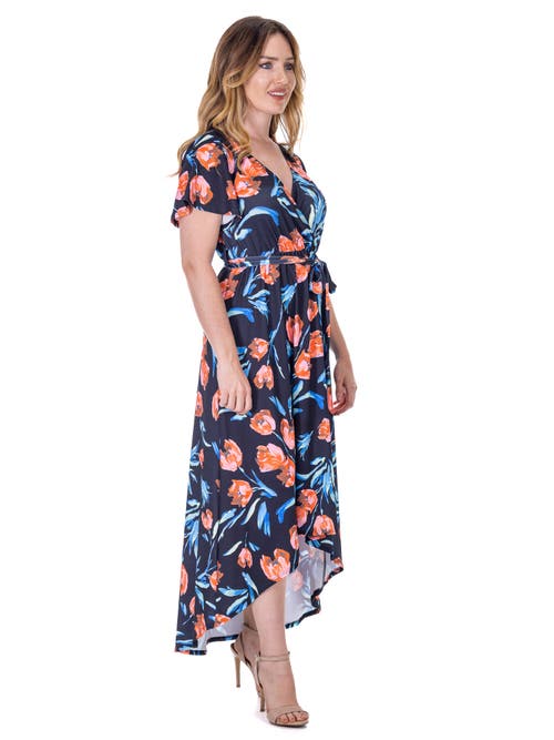 24seven Comfort Apparel Plus Size V Neck Belted High Low Faux Wrap Dress In Multi