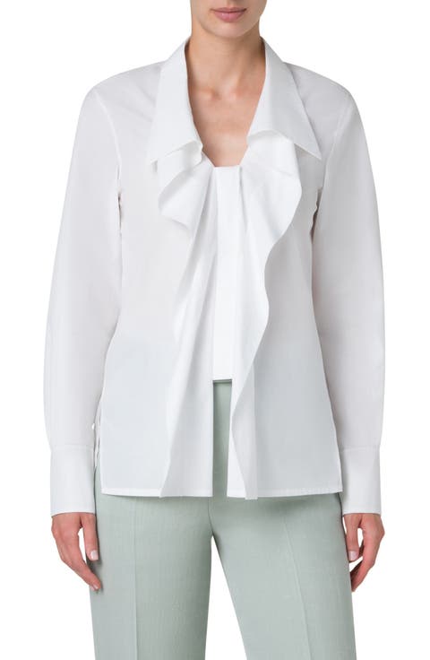 Foldover Collar V-Neck Poplin Top