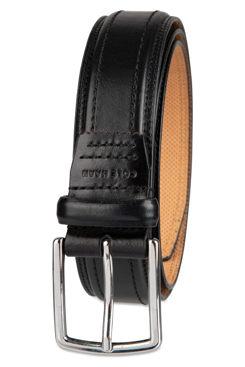 Stitched Leather Belt, Alternate, color, BLACK