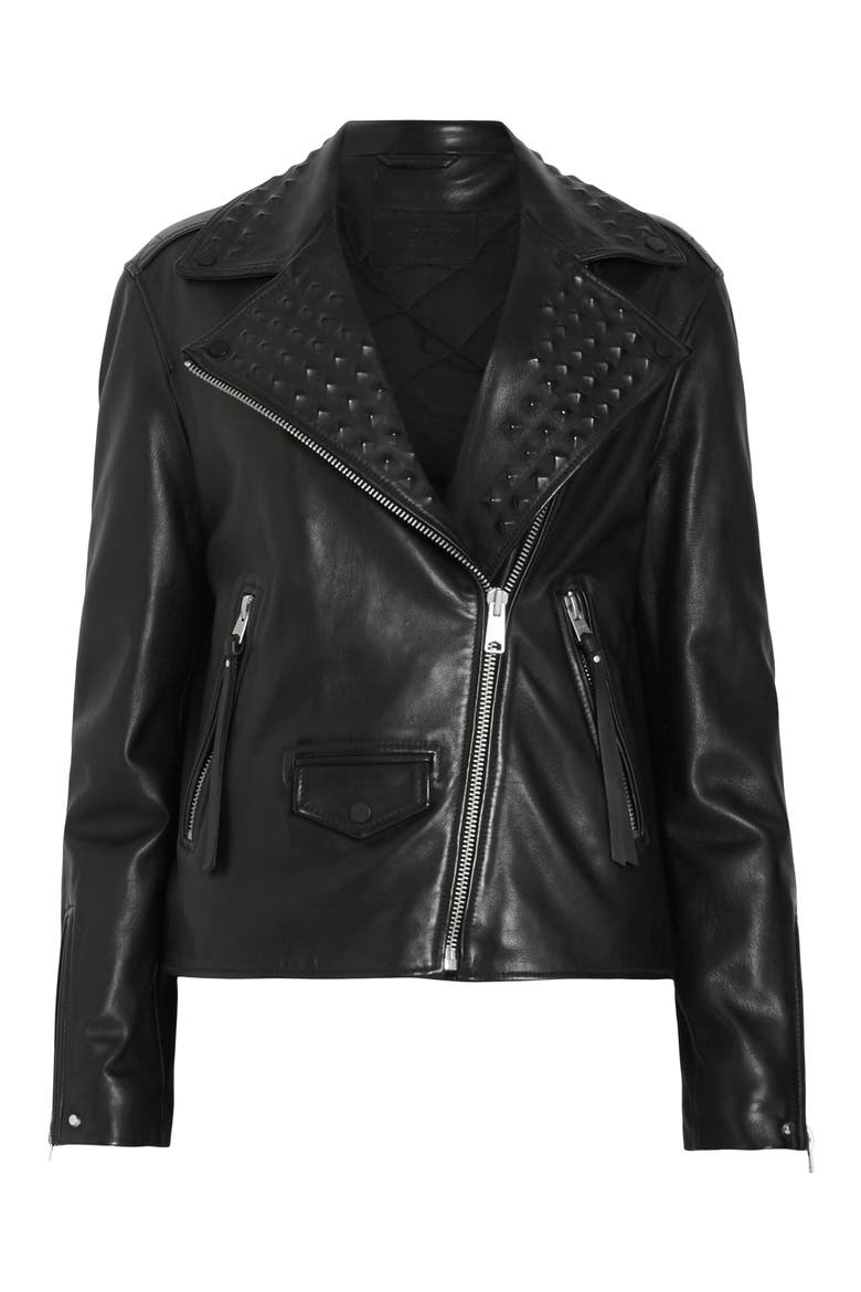 Lyra Pyramid Detail Leather Moto Jacket, Alternate, color, BLACK