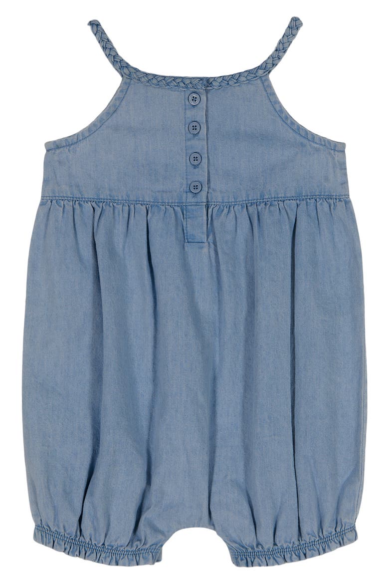 Logo Appliqué Chambray Bubble Romper, Alternate, color, BLUE