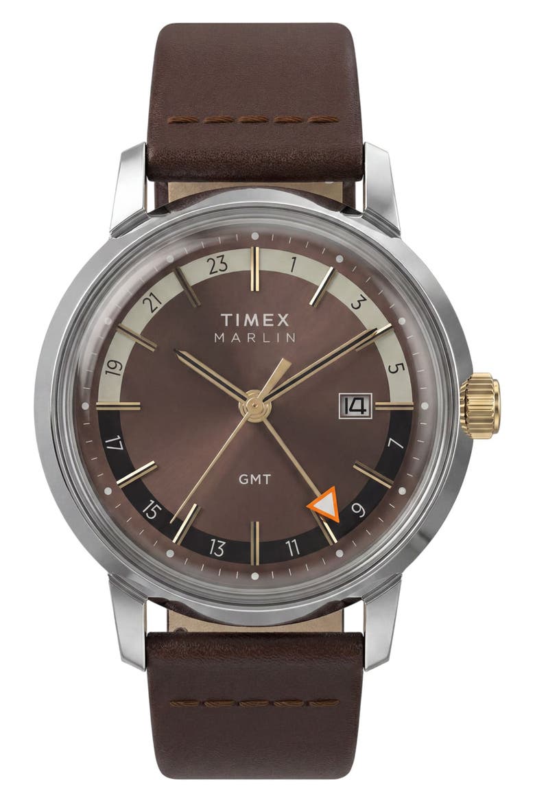 Marlin GMT Leather Strap Watch, 40mm, Main, color, BROWN