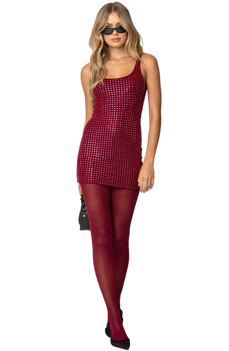 EDIKTED Rhinestone Mesh Minidress, Main, color, Burgundy