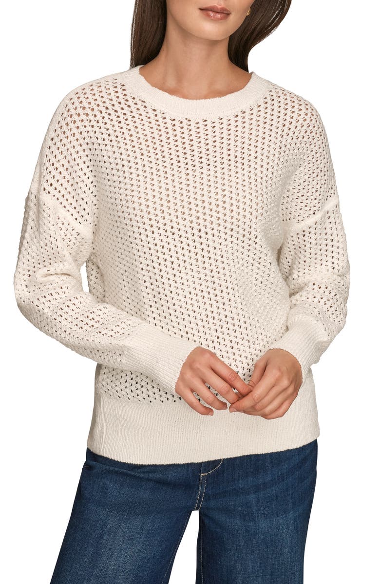 Donna Karan New York Open Stitch Cotton Blend Sweater, Main, color, Cream