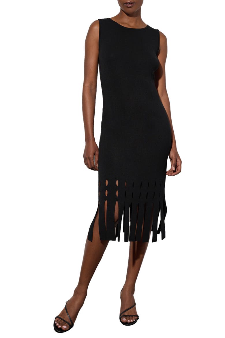Laser Cut Detail Fringe Hem Knit Midi Dress, Main, color, BLACK